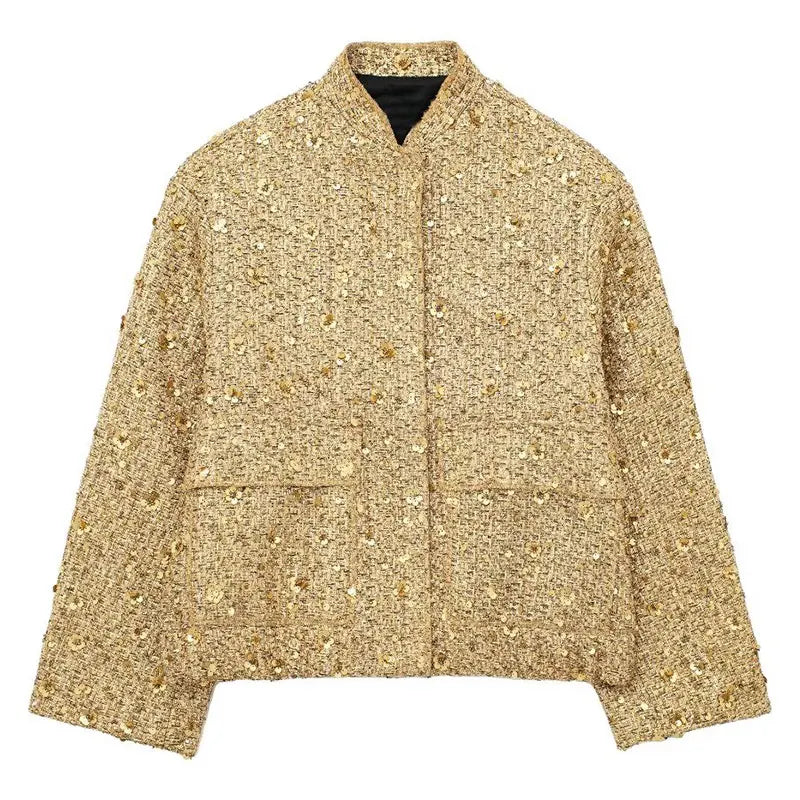 HH TRAF Autumn Sequins Golden Loose Jacket for Women Sparkle Long Sleeve Casual Bomber Jacket with Pockets Female Fashion Coats  Amaijoin