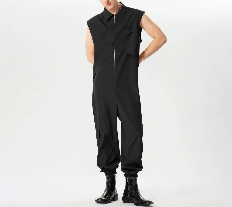 2024 Men Jumpsuits Solid Color Lapel Sleeveless Zipper Streetwear Casual Male Rompers Loose Fashion Cargo Overalls S-5XL INCERUN  Amaijoin