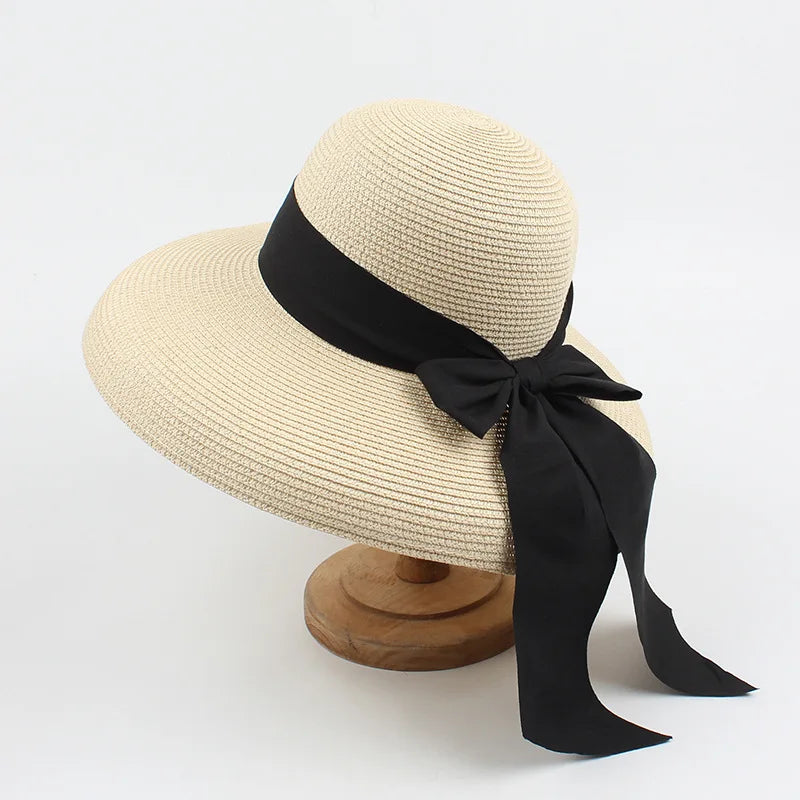 Hepburn bow ribbon sun hat women's straw hat Bucket hat color sunscreen sun hat beach hat wholesale  Amaijoin