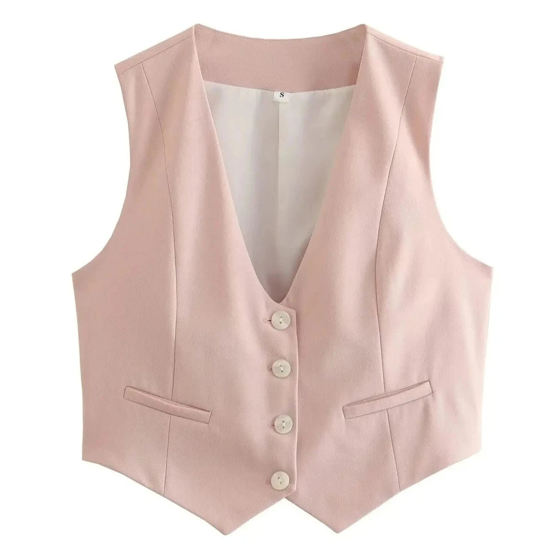 XNWMNZ 2024 Women Fashion Front Buttons Cropped Waistcoat Vintage V Neck Sleeveless Versatile Female Vest Chic Tops  Amaijoin