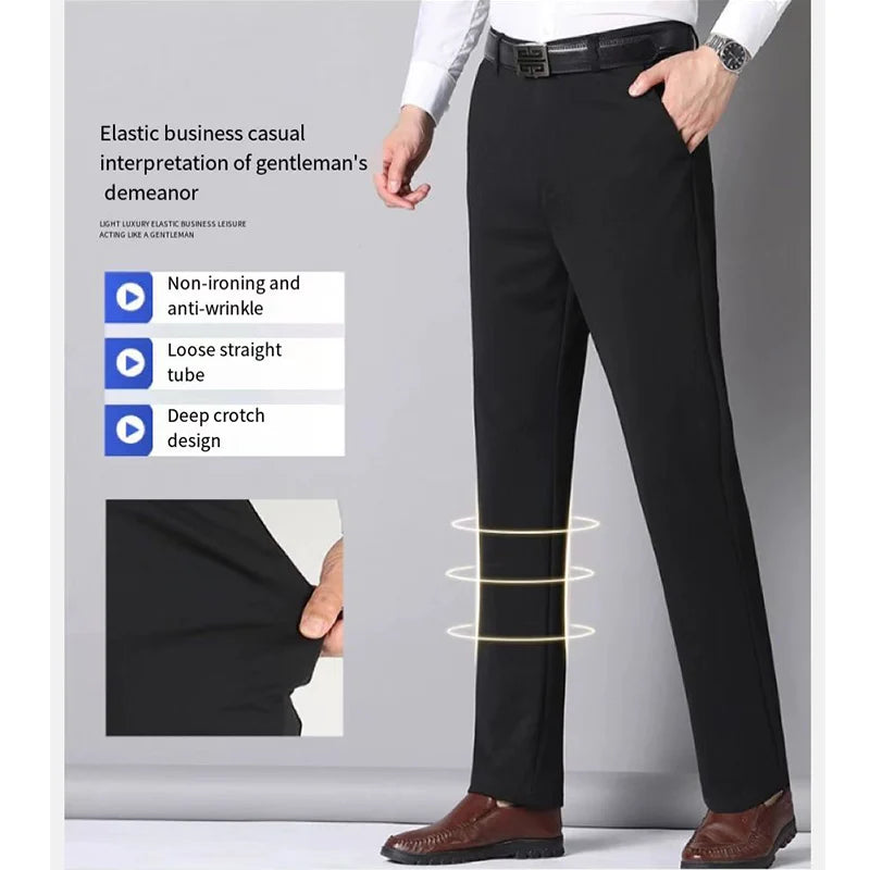 Men's Summer Thin Fashion Business Casual Suit Pants Long Pants Men's Elastic Straight Sleeve Formal Pants Plus Size 28-40  Amaijoin