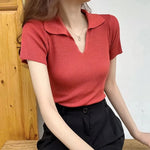 Load image into Gallery viewer, Ice Silk Ribbed POLO Short Sleeve T-Shirt Chic Red Slim Urbane Casual Design Aesthetic Beautiful Woman Blouse Summer Clothing  Amaijoin
