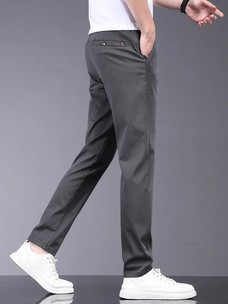 Bamboo Fiber Fabric Summer Men's Casual Pants Fashion Thin Soft Breathable Elastic Business Slim Straight Trousers Black Gray  Amaijoin