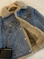 Load image into Gallery viewer, Winter Fleece Thicken Denim Jacket Women Loose Oversized Casual Warm Jeans Coats Wear Fur Collar Long Sleeves Female Clothes  Amaijoin
