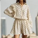 Load image into Gallery viewer, Women Two Piece Set Cotton Linen Ruffle Shirt Shorts Summer Home Heart Pattern Long Sleeve Button Blouse Short Set Outfits  Amaijoin
