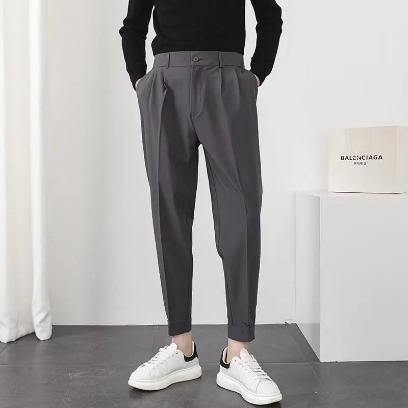 Fashion Men Casual Pants Elastic Waist Small Feet Slim Korean Style Pleated Tapered Male Blazer Pants Trousers Streetwear  Amaijoin