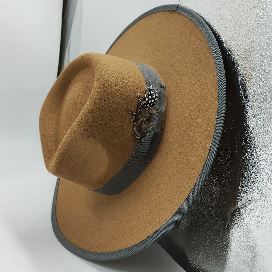 Hand-painted Fedora Hat Men's and Women's Hat Panama Spring Autumn Fashion with Wrapped Feather Wool Fedora Hat Big Brim  Amaijoin