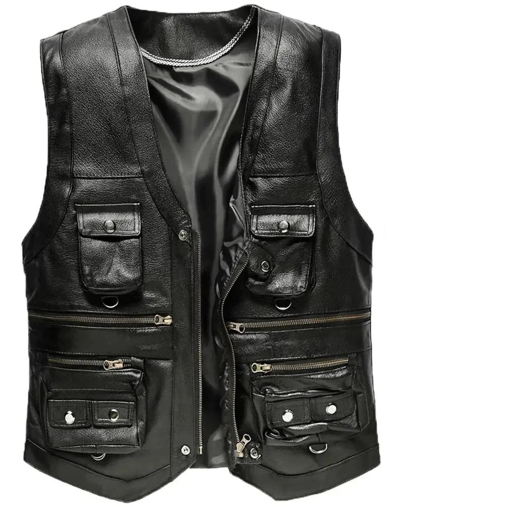 2023 Cowhide Genuine Leather Vest Men Waistcoat Male Sleeveless Jacket Thick Motorcycle Vest Multi Pocket leather biker vest  Amaijoin