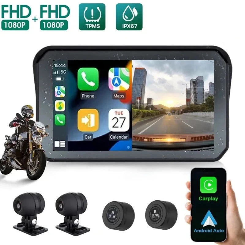 Forefeel Motorcycle Carplay WaterProof 5 inch WiFi Wireless Android-Auto DVR Monitor Dash Camera GPS Navigation TPMS Bluetooth  Amaijoin