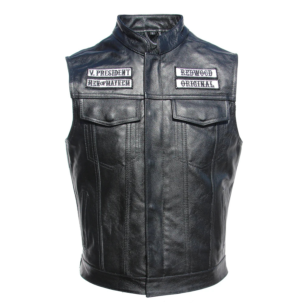 Sons of Anarchy Embroidery Motorcycle Vest Men Leather Sleeveless Jacket Real Cowhide Leather Club Riding Biker Vests M008  Amaijoin