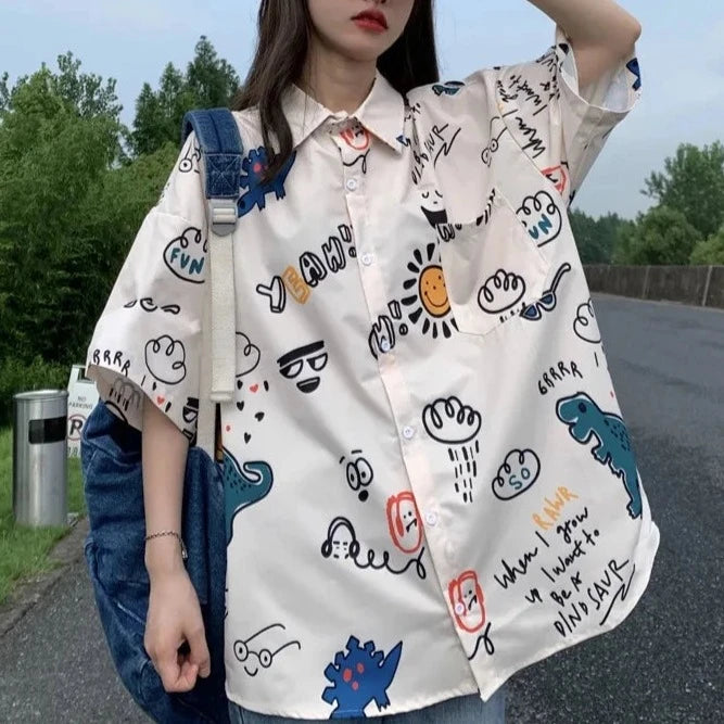 Cute Print Loose Short Sleeve T Shirt Oversize Fashion Woman Blouse 2023 Summer Thin Korean Free Shipping  Amaijoin