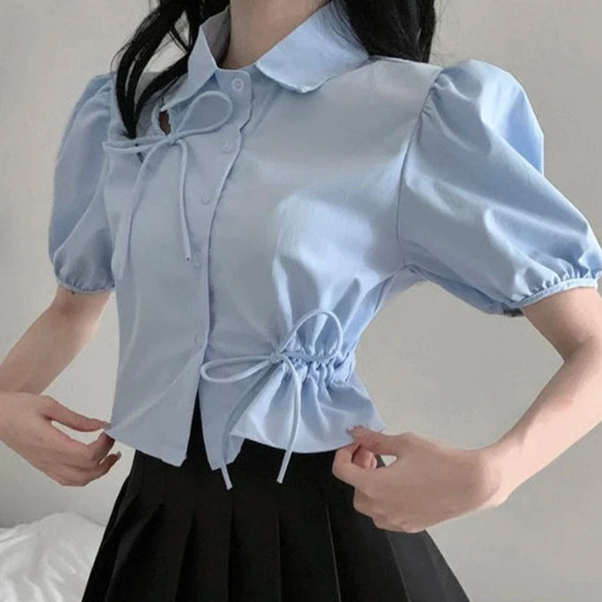 GIDYQ Elegant Women Bow Shirt Korean Fashion Design Chic Tops Y2K Casual Female All Match Puff Sleeve Shirt Summer New  Amaijoin