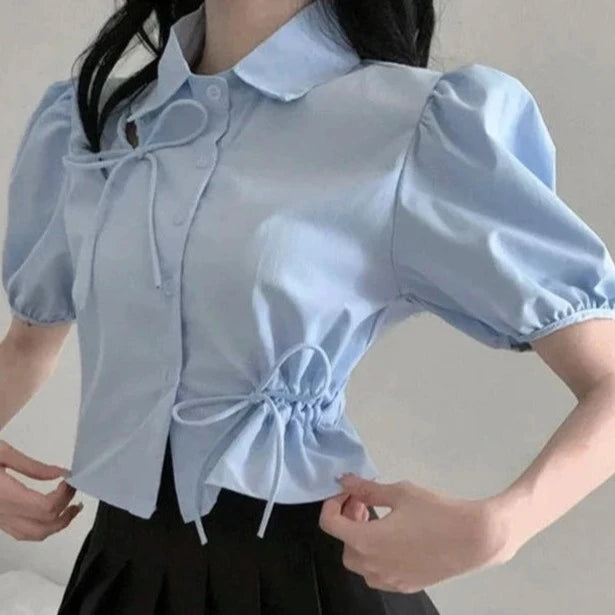 GIDYQ Elegant Women Bow Shirt Korean Fashion Design Chic Tops Y2K Casual Female All Match Puff Sleeve Shirt Summer New  Amaijoin