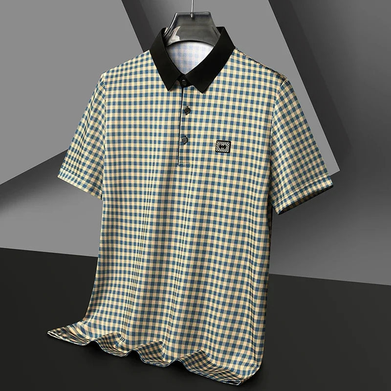 New Men's Plaid Badge Short Sleeved POLO Shirt Summer Casual Top  Amaijoin