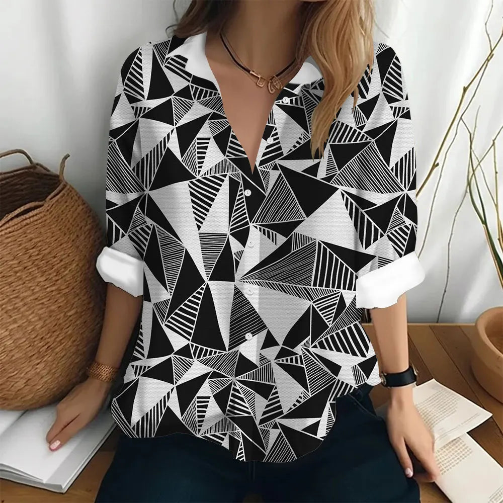 Autumn Women's Shirt Polo Collar Long Sleeve T-shirt Fashion Print Top Fashion Party Trend Women's Shirt Button Casual T-shirt  Amaijoin