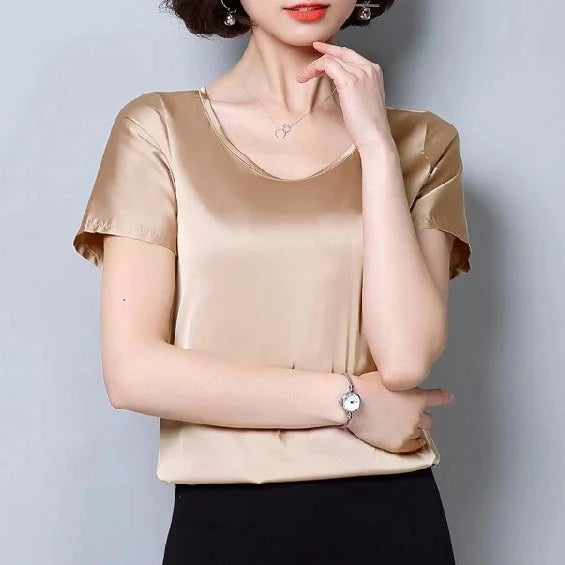 New outer wear silk round neck sling top satin short-sleeved stretch T-shirt large size bottoming shirt women  Amaijoin