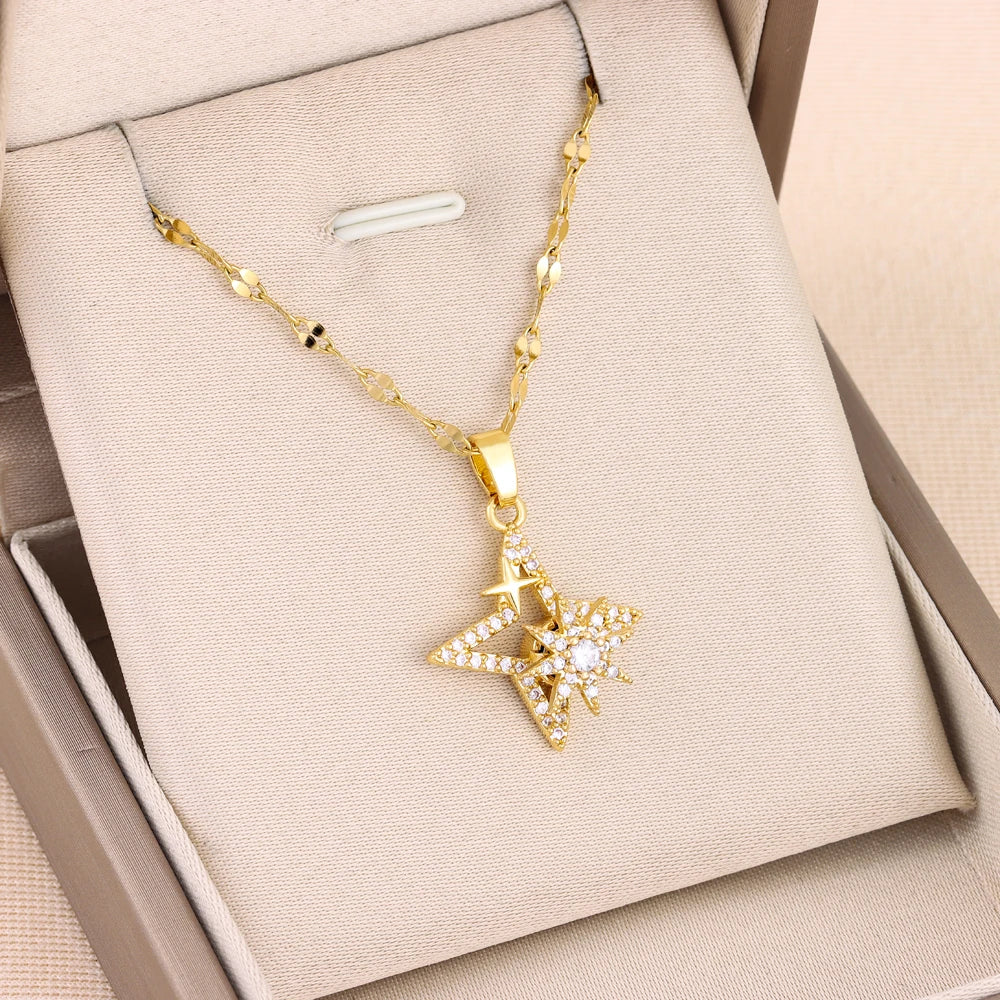 New In Rotatable Zircon Crystal Lucky Star Pendant Necklaces For Women Trendy Female Stainless Steel Chain Ladies Accessories  Amaijoin