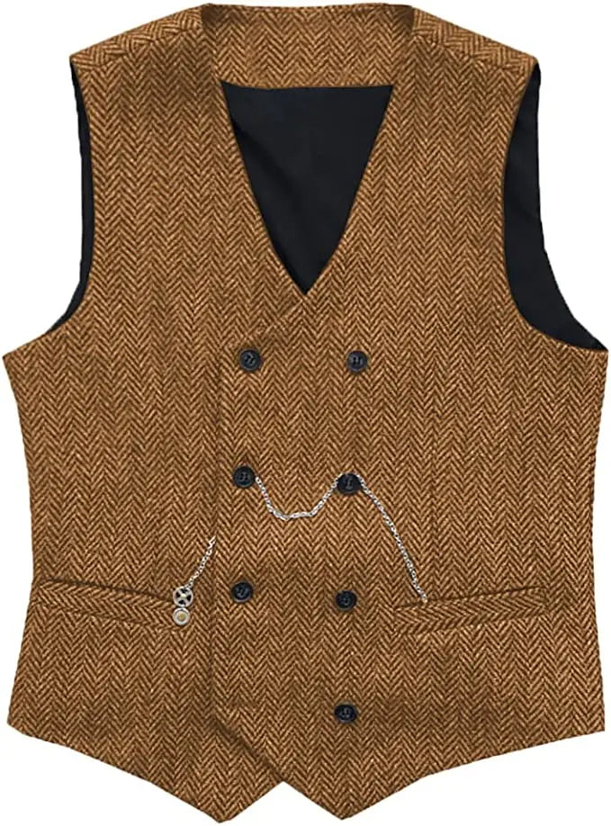 V Neck Men's  Suit Vests Herringbone Wool Tweed Double Breasted Waistcoat Tuxedo Groomsmen For  Wedding  Amaijoin