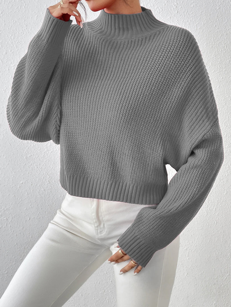 Women's Ribbed Knitted Sweater, Mock Neck Long Sleeve Pullover, Solid Color High Neck Drop Shoulder Jumper  Amaijoin