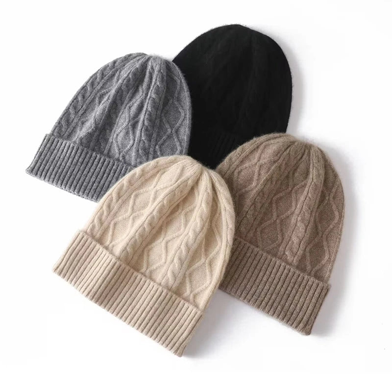 New Winter 100% Cashmere Knitted Headgears Women Keep Warm Beanie Hat High Quality Solid Casual Hedging Cap Lady Pullover Cap  Amaijoin