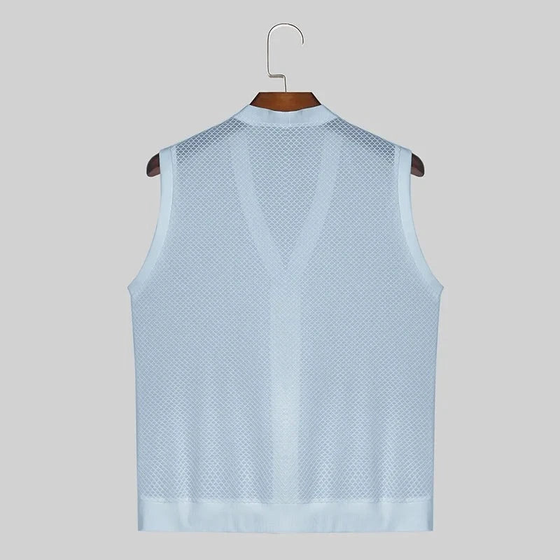 INCERUN 2024 Men Tank Tops Mesh Hollow Out Solid V Neck Sleeveless Summer Male Vests Transparent Streetwear Fashion Men Clothing  Amaijoin