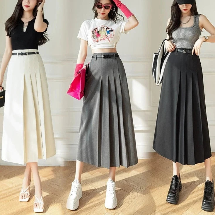 Gray Fashion High Waist A-line Pleated Skirt Women Long Skirts Office Lady Elegant Suit Skirt 2023 New Spring Summer Midi Skirts  Amaijoin