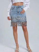 Load image into Gallery viewer, 2023 Woman Sleek Sexy Flap Pockets Sequin Fringed Mesh Hem Skinny Denim Skirt  Amaijoin
