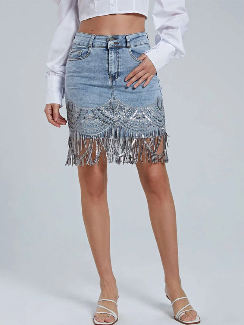 2023 Woman Sleek Sexy Flap Pockets Sequin Fringed Mesh Hem Skinny Denim Skirt  Amaijoin