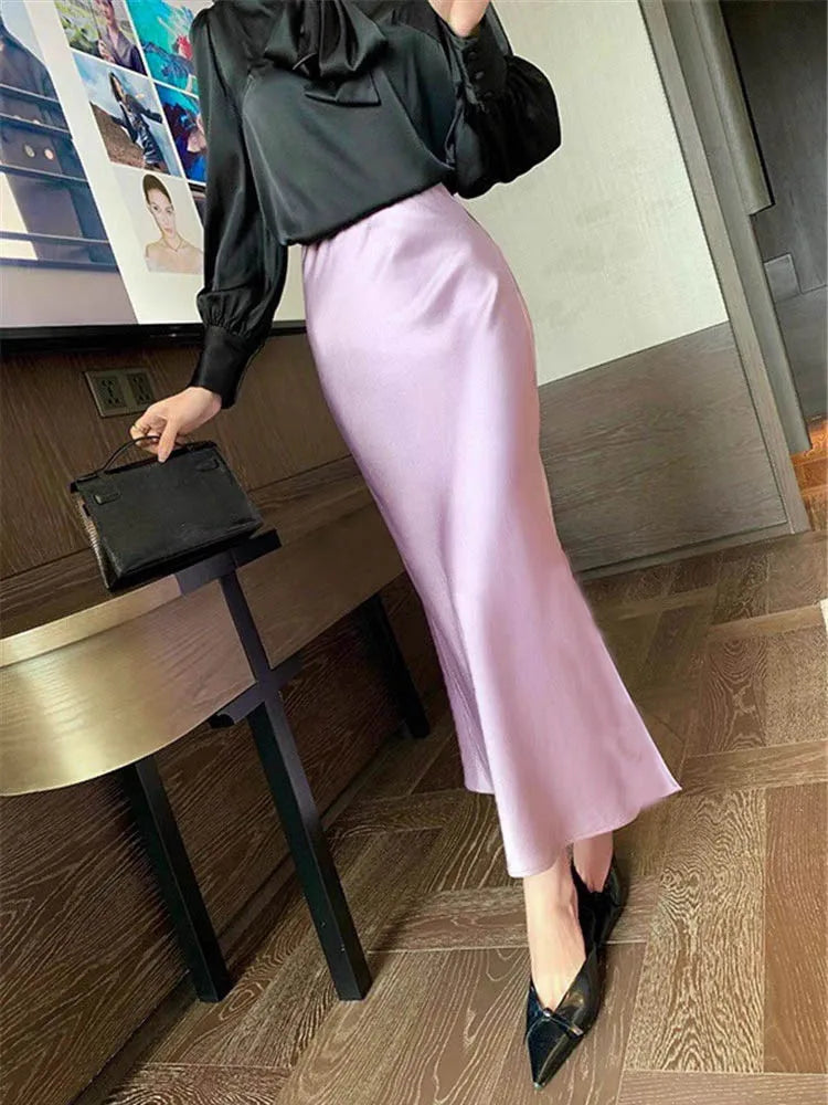 Silk Satin Skirts for Women Korean Style Champagne Office High Waist A-line Skirt Fashion Elegant Solid Long Pencil Skirt 2024  Amaijoin