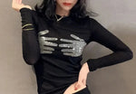 Load image into Gallery viewer, Hot Drill Long Sleeve T-shirt Slightly Transparent Sexy Mesh Bottom Shirt Women Spring Korean Slim Tops Aesthetic Y2k Skinny Tee  Amaijoin
