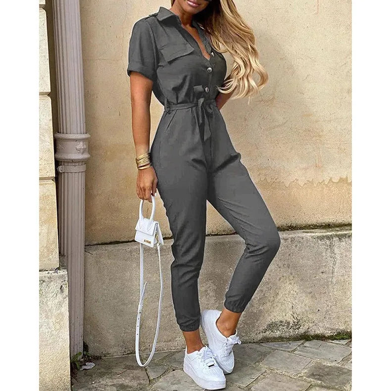 Women's Monochromatic Belt Workwear Jumpsuit, Casual Pants, Flip Collar, Buckle, European and American, Summer, 2023  Amaijoin