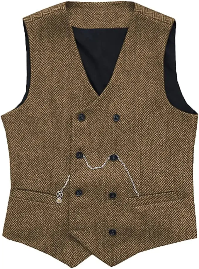 V Neck Men's  Suit Vests Herringbone Wool Tweed Double Breasted Waistcoat Tuxedo Groomsmen For  Wedding  Amaijoin