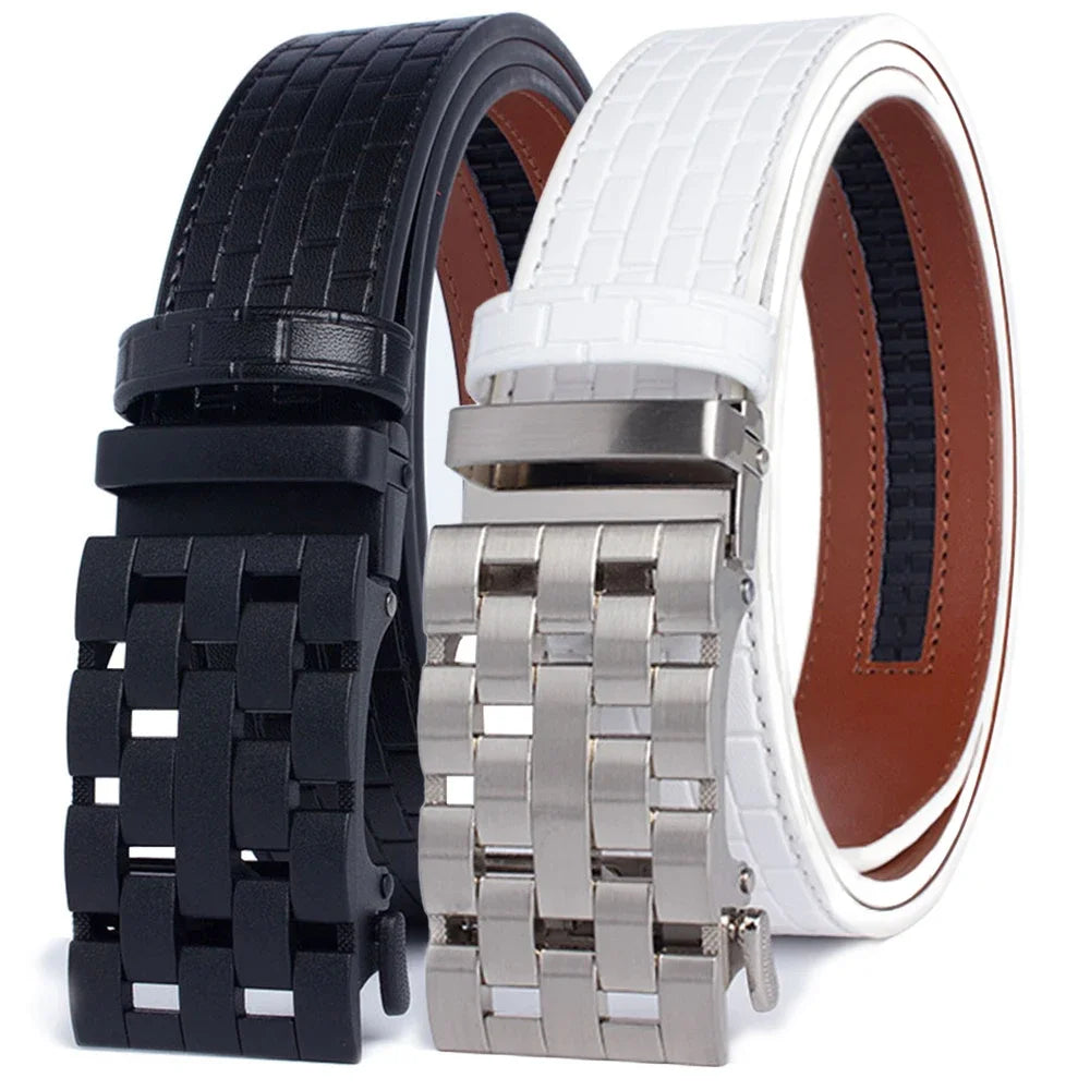 2023 Men Belt Metal Luxury Brand Automatic Buckle Plaid Genuine Leather Belts for Men Waist Strap Black Male  Amaijoin