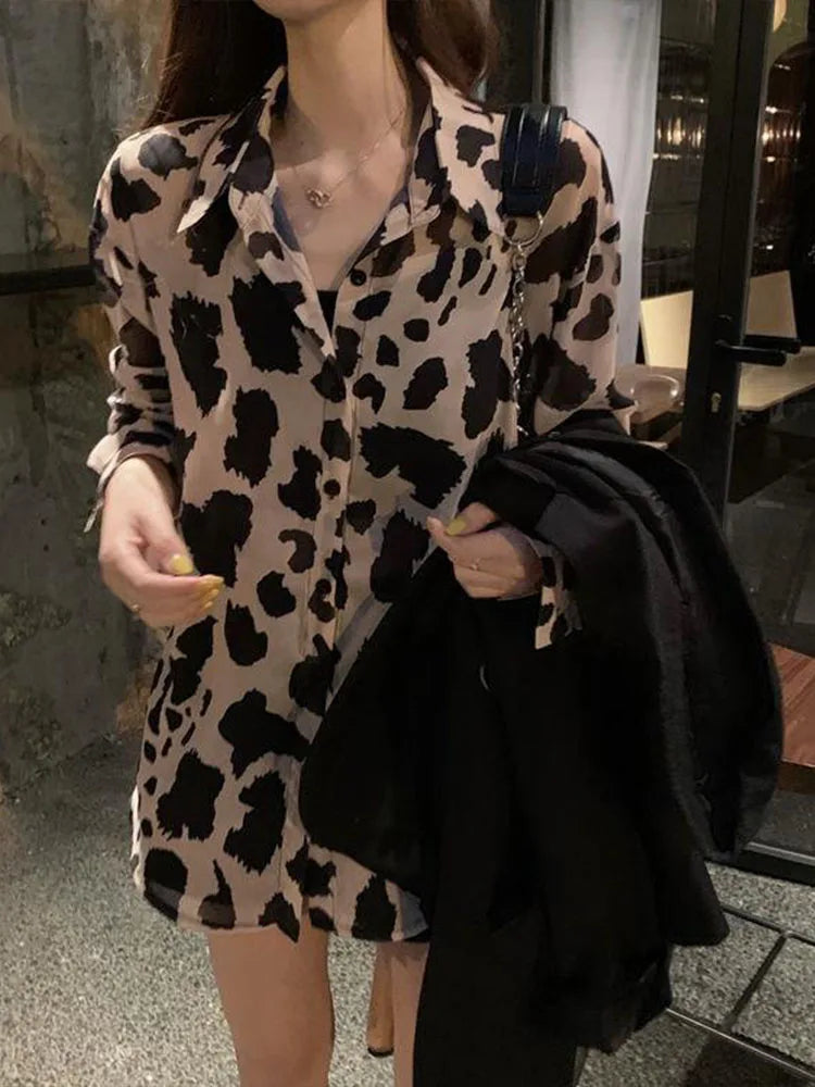 Leopard Print Shirts Blouses Women Spring Summer Thin Sun-proof Shirt Long Sleeve Sexy Casual Loose Chiffon Tops Y2k Clothes 3XL  Amaijoin