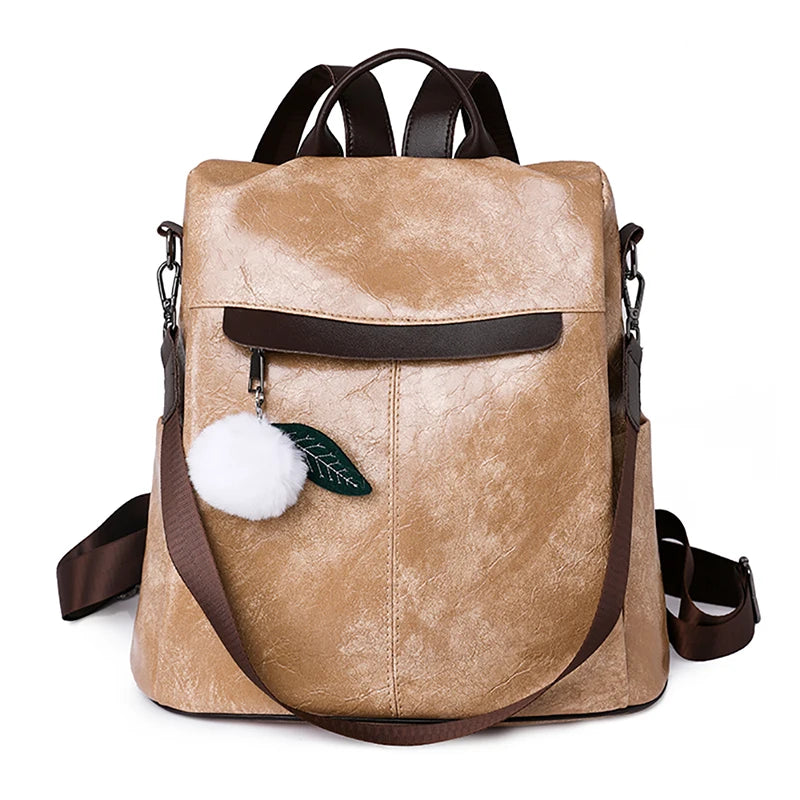 High Quality PU Leather BACKPACK Soft Leather Female Vintage Bag School Bags Rucksack Casual Lides Shoulder Bag Vintage Backpack  Amaijoin