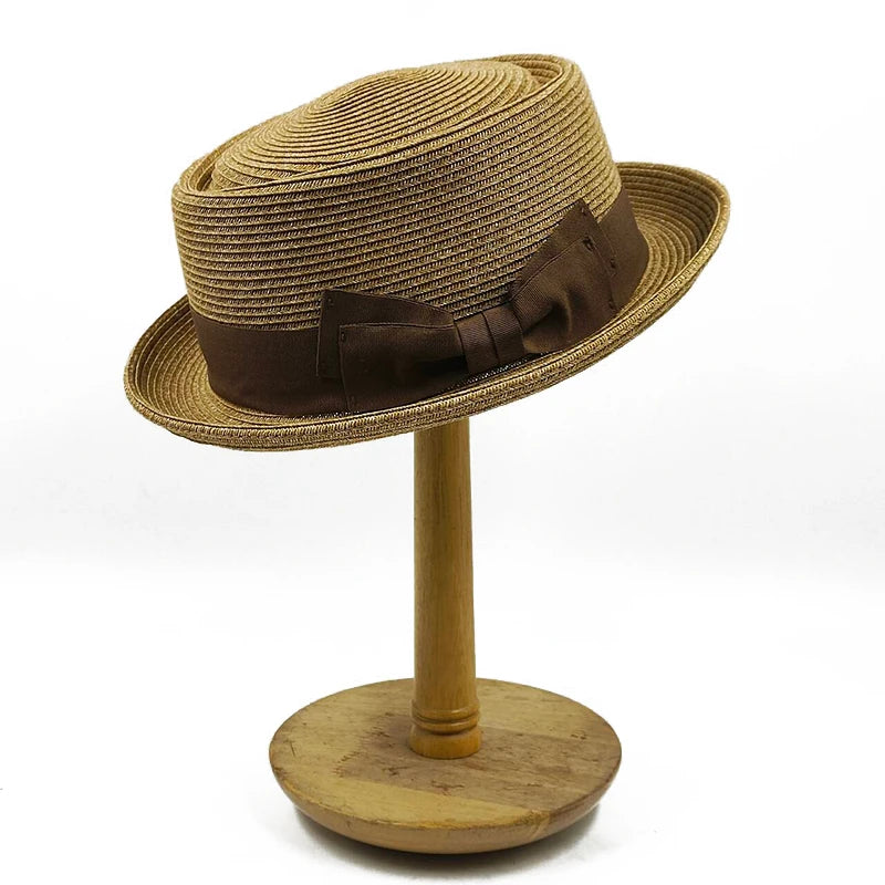 Small Top Hat Curled Men's and Women's Straw Hat Pork Pie Hat 2024 New Sun Hat Summer Beach Hat Gentleman Hat Bow Accessories  Amaijoin