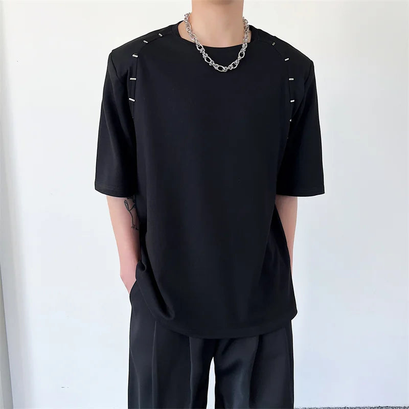 NOYMEI Summer niche metal decoration shoulder pads short sleeves simple all-match 2024 new round neck trendy male top WA3867  Amaijoin