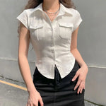 Load image into Gallery viewer, Skinny Uniform Short Sleeve Shirts Women Korean Turndown Collar Pockets White T-Shirt Slim Fit Single-Breasted OL Woman Clothes  Amaijoin
