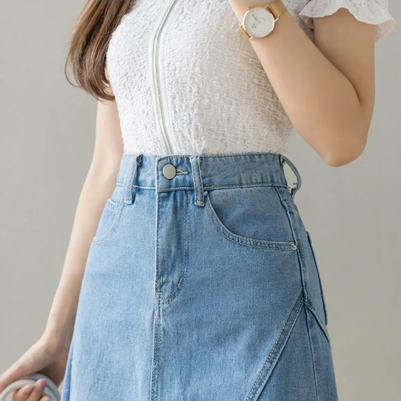 Harajuku Lace Patchwork Denim Skirt Woman Korean High Waist Blue Midi Skirts Women Summer Fashion Plus Sized 3Xl A-Line Skirt  Amaijoin