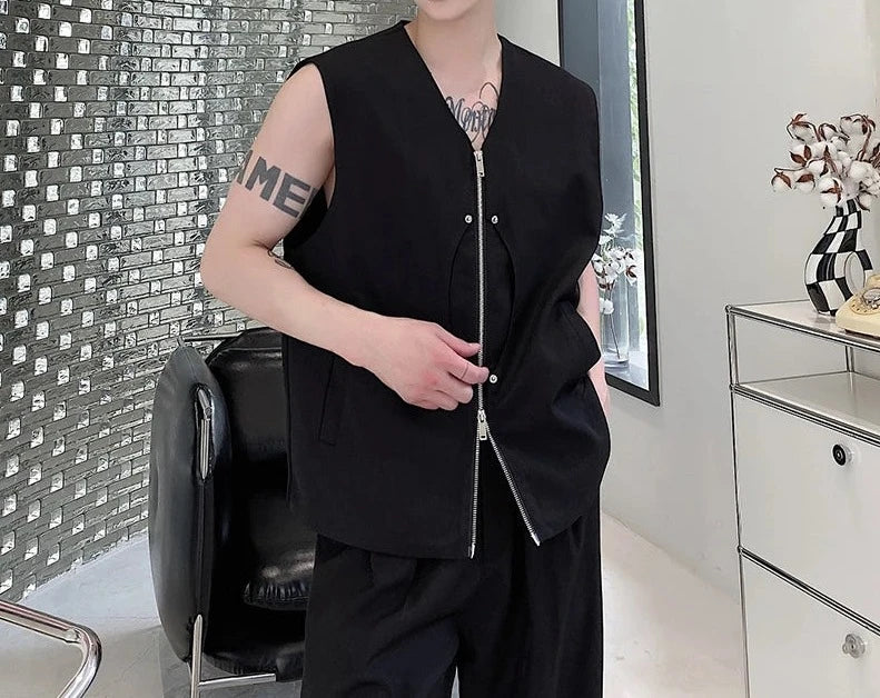 IEFB Men's Vest Solid Color Zipper Sleeveless V-neck Tank Top Casual Pocket Simple Style Male Clothing Fashion Summer 9C5459  Amaijoin