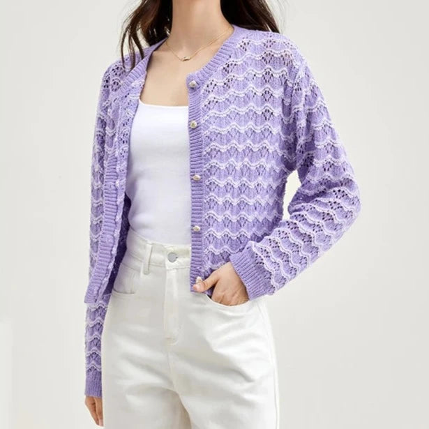 SENTUBILA Contrast Striped Long Sleeve Cardigan Sweaters for Women 2023 Autumn Round Neck Purple Knitted Tops Outerwear Coats  Amaijoin