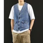 Load image into Gallery viewer, TFETTERS Summer New Denim Vest Men Japanese Casual Loose Washed Old Sleeveless Coat Fashion Solid Color Collarless Denim Jacket  Amaijoin
