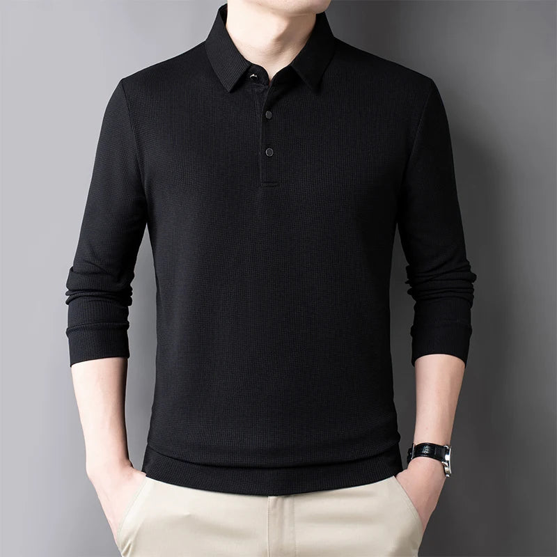 Men's Casual Waffle Polo T-shirt Breathable Comfortable Fashion Long Sleeve T-shirt  Amaijoin