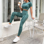 Load image into Gallery viewer, 2pcs Workout Yoga Sets, Short Sleeve Cropped Top &amp; High Waist Running Leggings, Women&#39;s Activewear  Amaijoin
