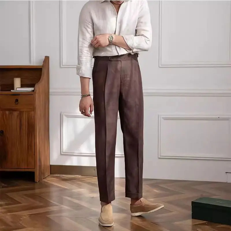 100% Linen Italian Naples Pants Men High Waist Straight  Suit Trousers Spring Summer Fashion Lightweight Breathable Casual Pants  Amaijoin