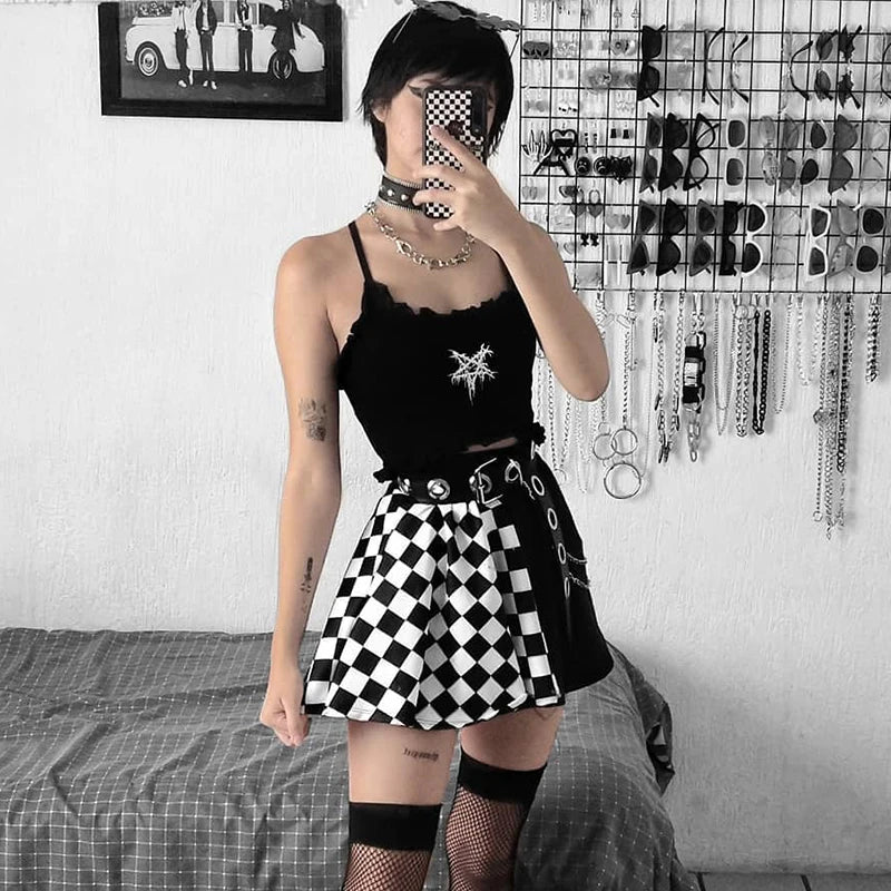 Halloween Contrast Color Black and White Checkered Dark Style Skirt  Amaijoin