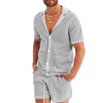 Load image into Gallery viewer, Sexy See Through Hollow Out Mesh Knit Two Piece Suits Men Summer Fashion Short Sleeve Shirts And Shorts Sets Mens Outfits Beach  Amaijoin
