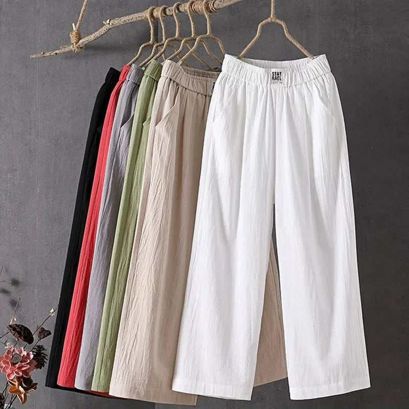 M-4xl Summer Elastic Waist Women's Pants Casual Solid Cotton Linen Ankle Length Pants Female 2023 High Quality Baggy Trousers  Amaijoin