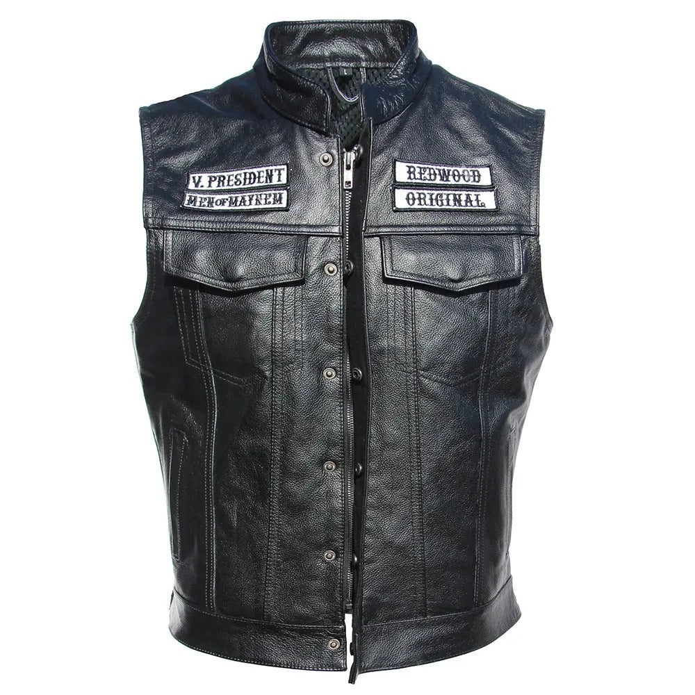 Sons of Anarchy Embroidery Motorcycle Vest Men Leather Sleeveless Jacket Real Cowhide Leather Club Riding Biker Vests M008  Amaijoin