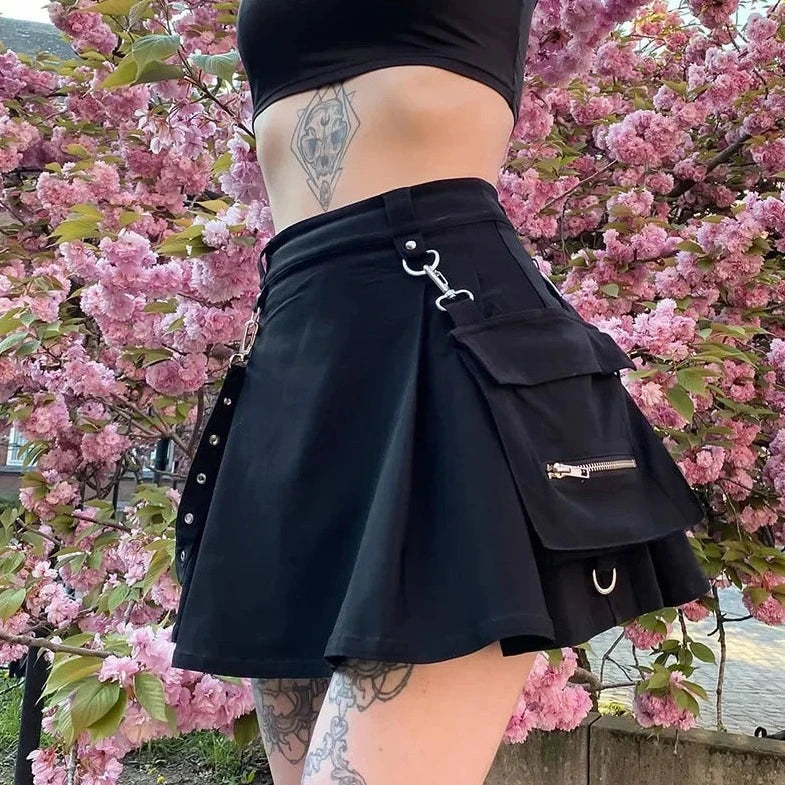 Harajuku Punk Gothic Black High Waist Black Skirts Women Sexy Patchwork Bandage Mini Female Streetwear Black Skirt  Amaijoin